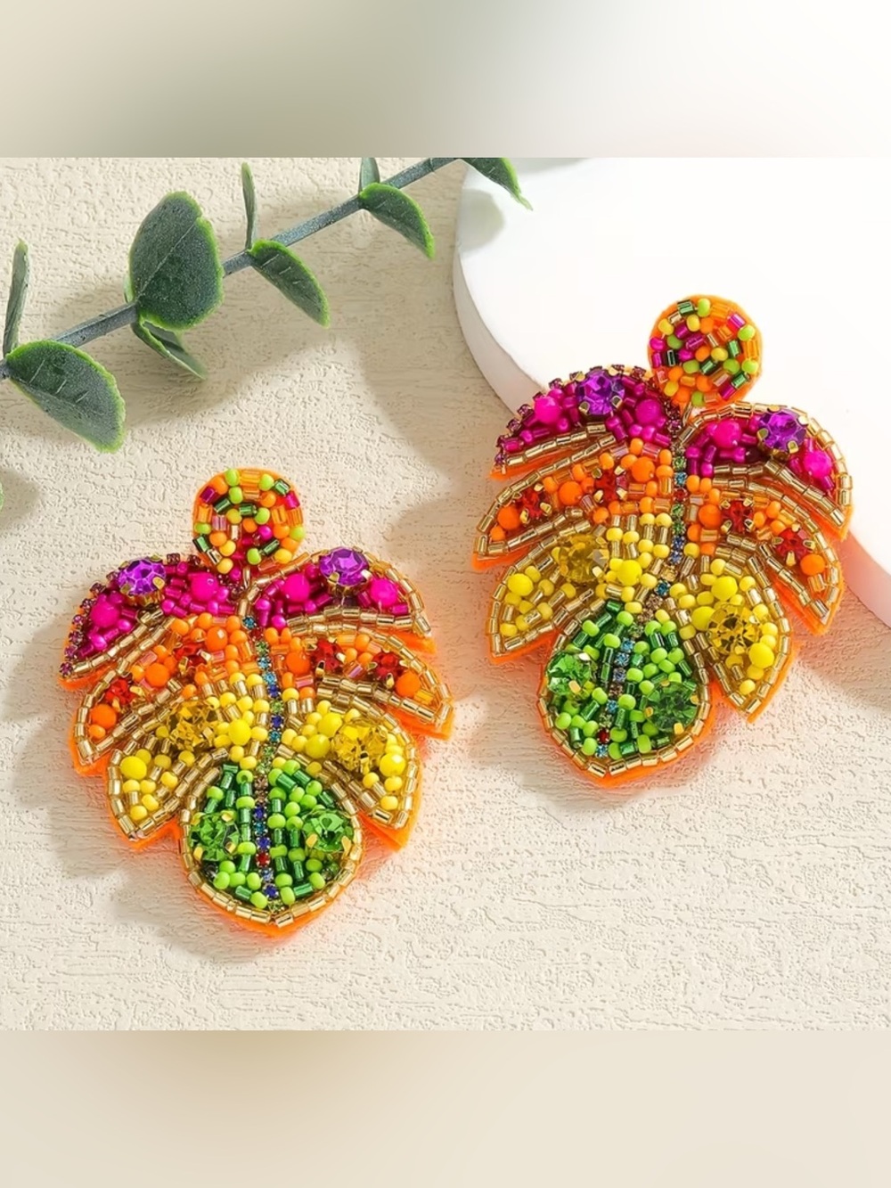 Colorful Beaded Leaf Statement Earrings - Multi